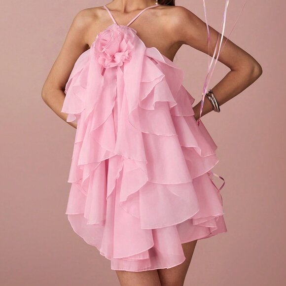 Pink Romantic Pastel Women's Mini Dress with 3D Flower Decor - Picture 3 of 5